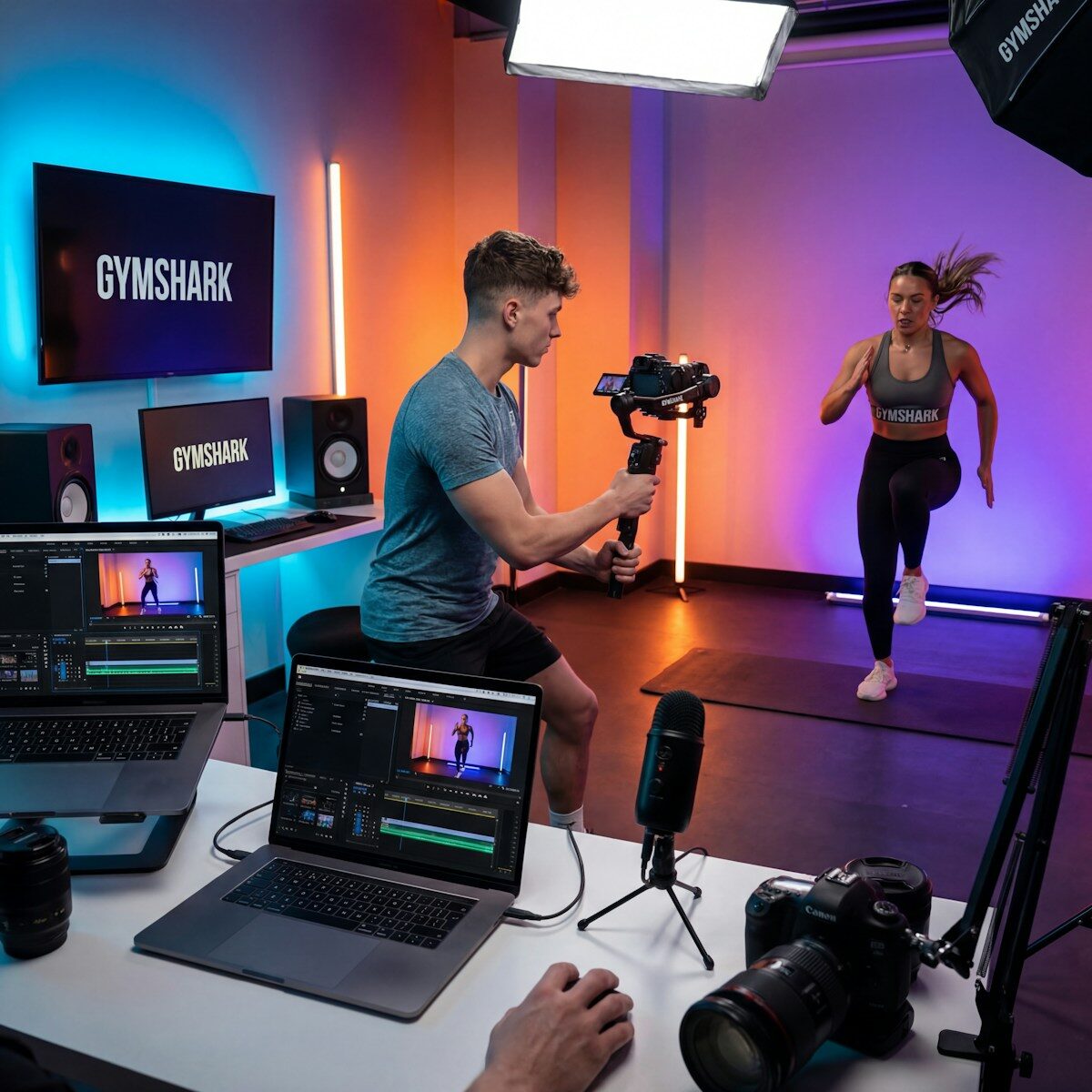Fitness influencers filming workout in studio with professional equipment
